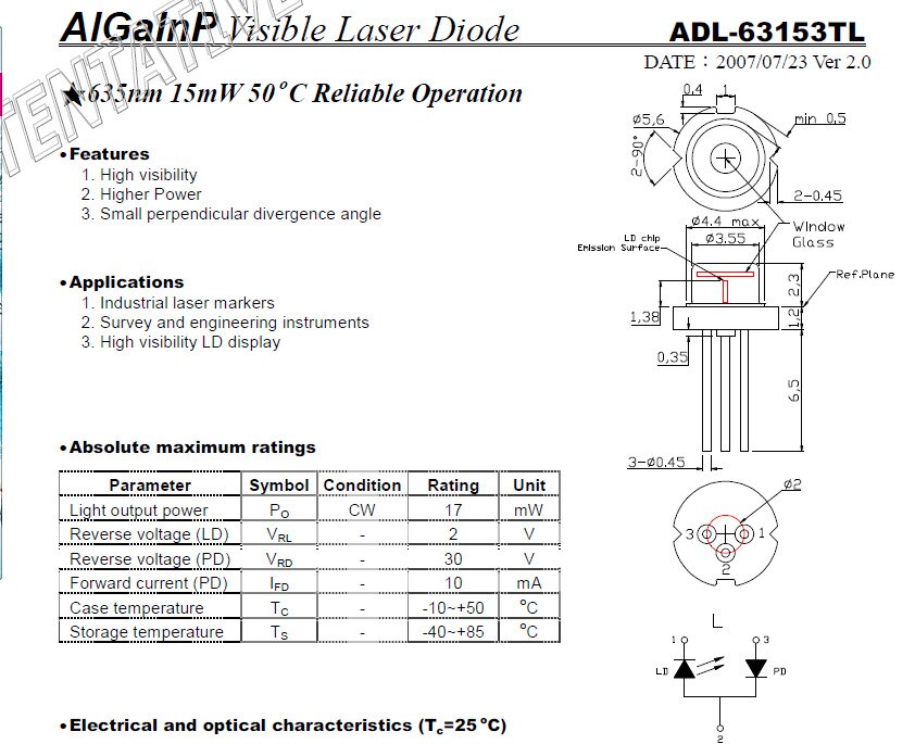 1pc ADL-63153TL 635nm 15mW red laser diode TO-18 5.6mm with 3 pins - Image 3
