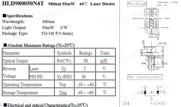 980nm IR 50mw D5.6mm Infrared IR Laser Diode - Image 3