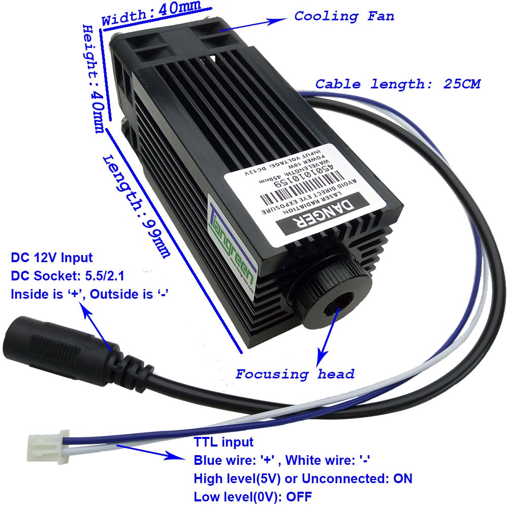 High Power 10W Laser Diode Module Blue Engraver Head 450nm 10000mw TTL Cutting Engraving Machine CNC Cutter