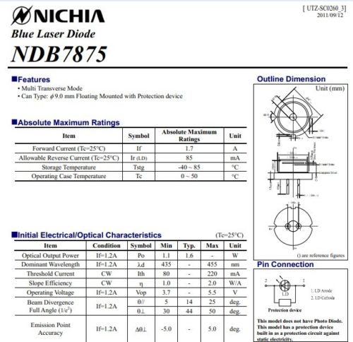 NICHIA NDB7875 φ9mm Blue 445nm 450nm 1.6W 2W Laser Diode (Brand New) - Image 3