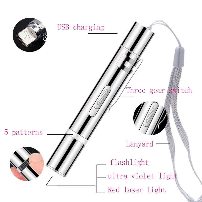 Pet toy USB rechargeable 3 in 1 funny cat chasing stick mini flashlight red LED laser pen funny cat pen pet supplies - Image 2