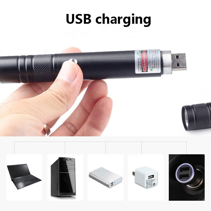 Portable high-power USB green laser battery with embedded red laser view 10000m 5MW adjustable focus laser head combination
