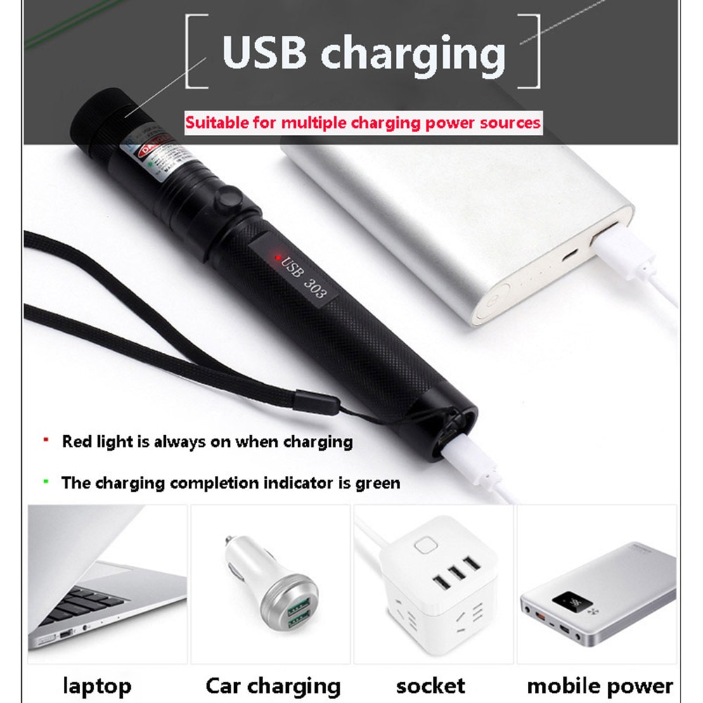 Portable high power USB green laser red Purple laser view 10000m 5MW adjustable laser focus 303 pen combination