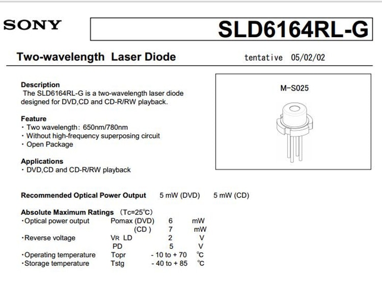 SONY 5mW 780/650nm Dual Wavelength Laser Diode SLD6164RL