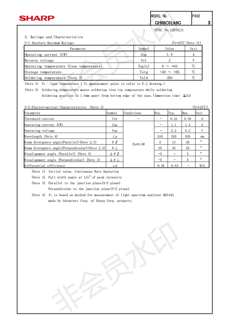 Sharp GH05C01A9G TO5-9mm Green 520nm 600mw Laser Diode for RGB Projectors (Pulse 1W) - Image 3