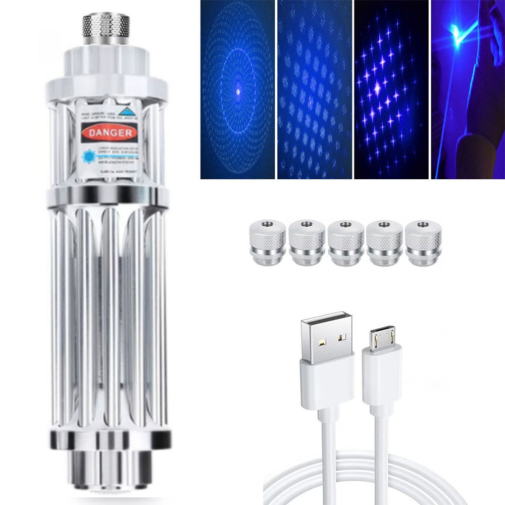 The most powerful blue laser flashlight USB rechargeable built-in battery Laser 450nm 5000m focusable flashlight with 5 star cap - Image 4