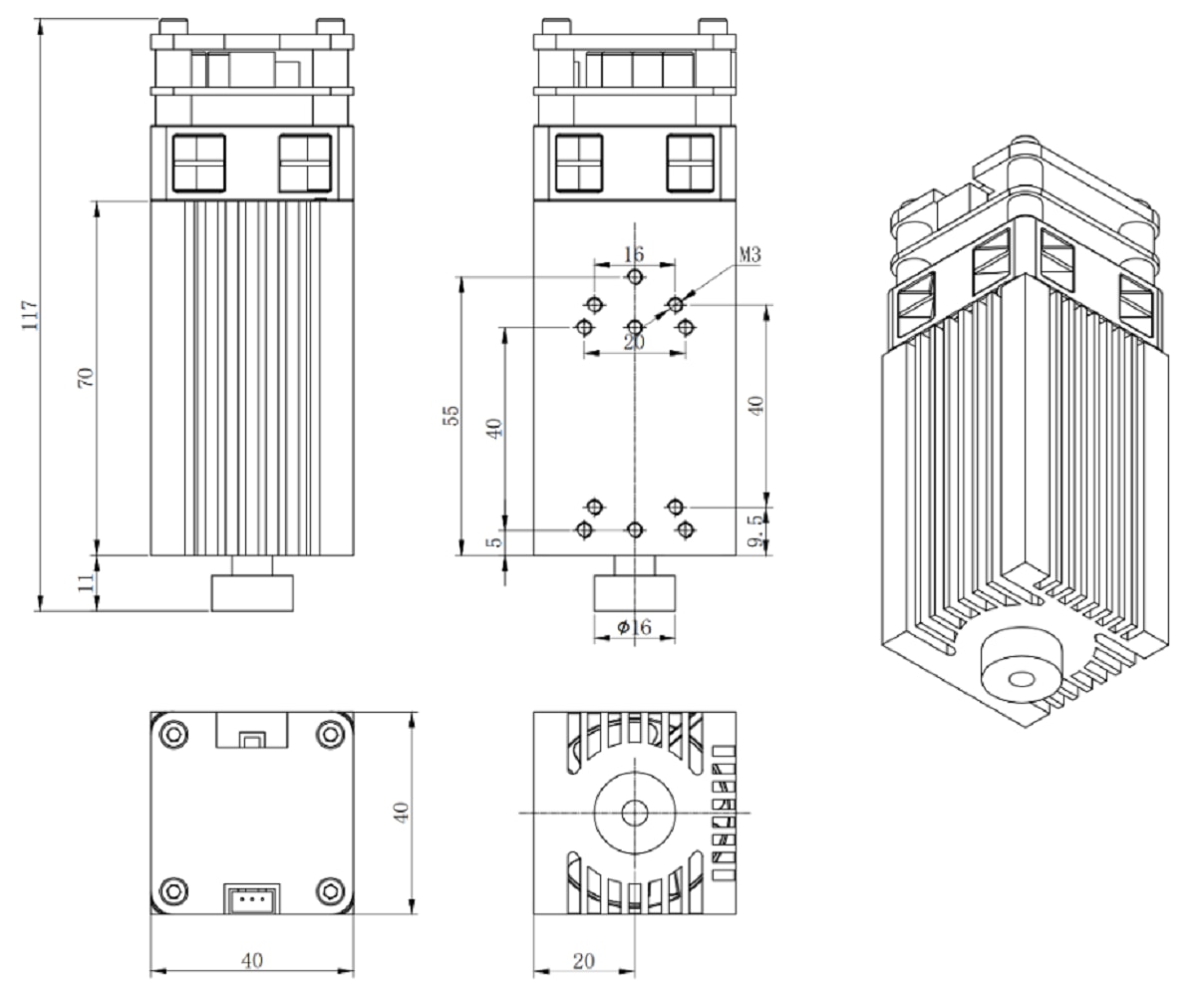 5500MW 450nm djustable laser cutter, laser engraving machine parts , Laser module with PWM/TTL 5.5W can Cut 3mm Light Wood