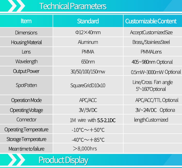 D12X40mm Customized 650nm Square Grid D10x10mm DOE 50mw with 42 degree fan angle Laser Module - Image 2