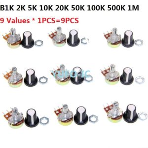 B1K/B2K/B5K/B10K/B20K/B50K/B100K/B500K/B1M (9 Values * 1PCS=9PCS) WTH148 potentiometer kit 15mm 3pin(with cap) Assorted pack set