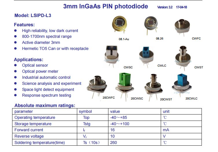 Photodiode InGaAs PIN 800-1700nm 2.5GHz - Faible Courant D'obscurité - Modèle LSIPD-A75-B-0 Neuf