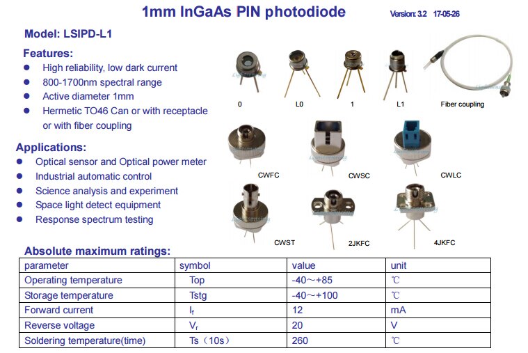1mm SMD InGaAs 500-1700nm Near Infrared Photodiode