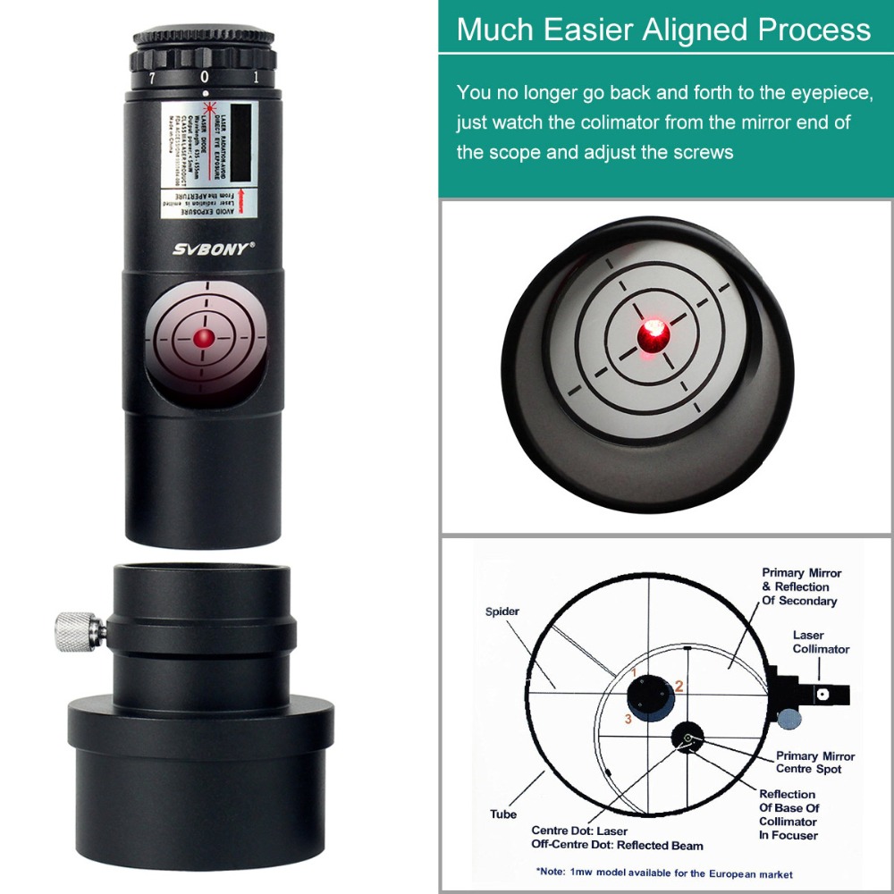 Svbony SV121 Collimatore Laser 1.25” Con Adattatore 2” Per Telescopi Riflettori – Regolabile, Stabile E Resistente Al Freddo (-30°C)